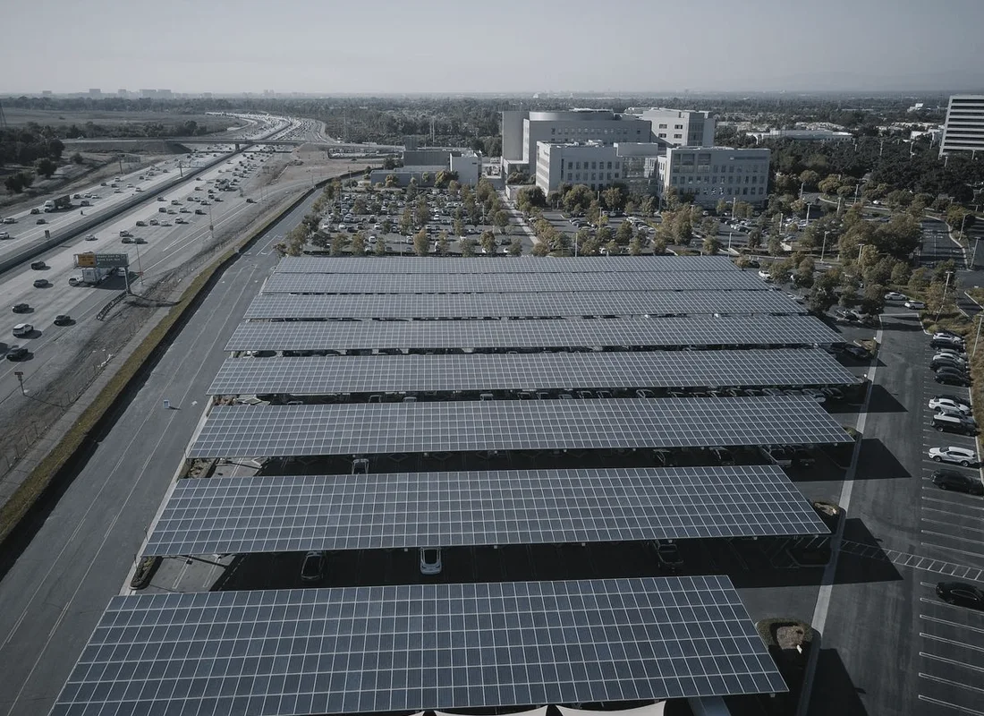 Photovoltaic solar panel arrays viewed from above